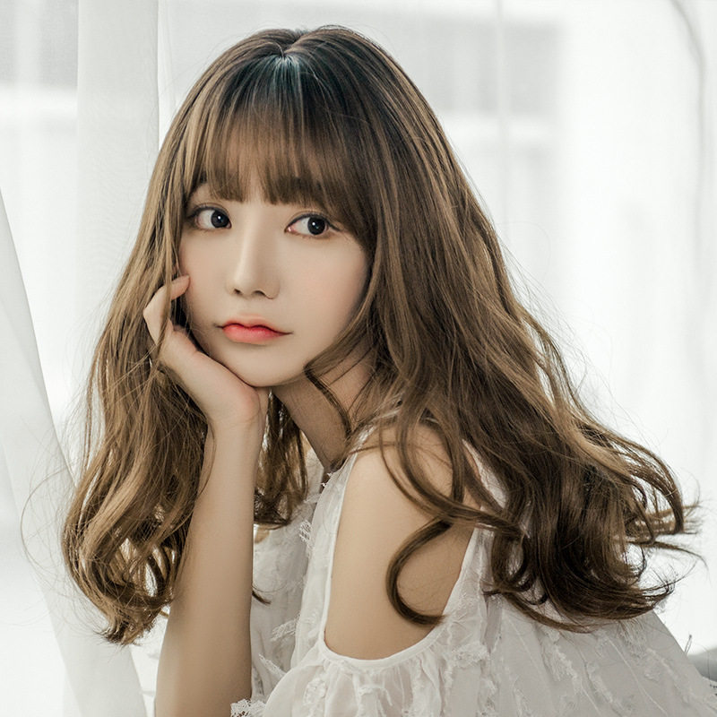 假发女中长发齐肩中长卷发锁骨发空气刘海全头套式发套 现货