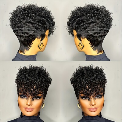 热销Afro Kinky Curly Pixie Cut with Bangs真人发发套全机制