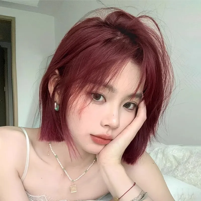 一刀切红色假发短发女网红Lolita齐刘海波波头短直发自然全头套式