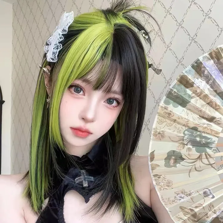 假发女装大佬长发lolita挑染蜥蜴绿长直发爆顶伪娘变装全头套假毛