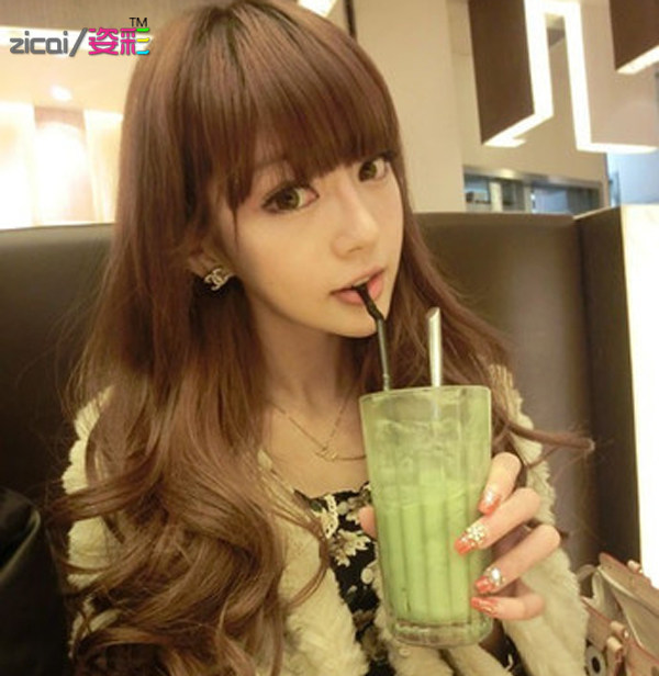 安娜罗时尚可爱实拍自然黑齐刘海长卷发蓬松大波浪卷假发1798