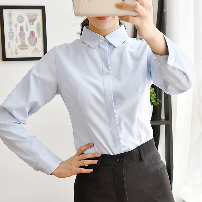 女方领条纹白衬衣职业长袖棉工装收腰显瘦商务气质简约通勤ol蓝色