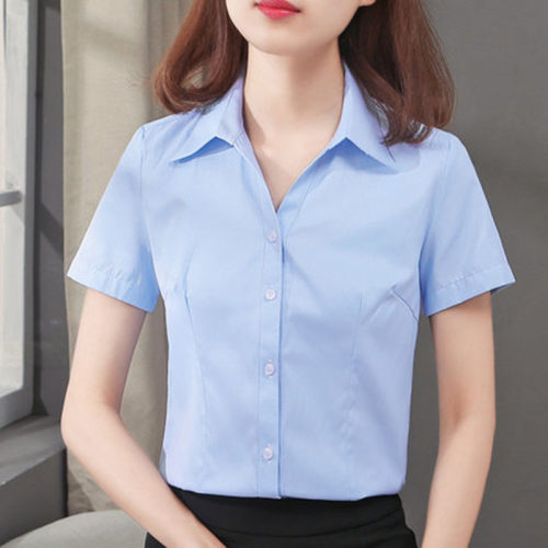 蓝色职业装衬衫收腰显瘦工作服棉