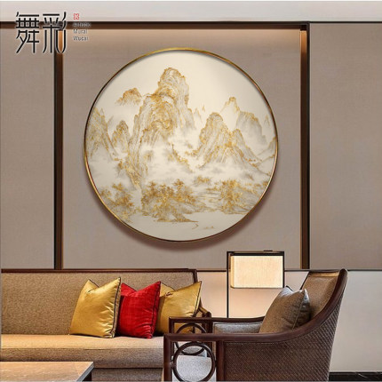 轻奢新中式挂画客厅背景墙画圆形山水画入户玄关装饰画靠山寓意好