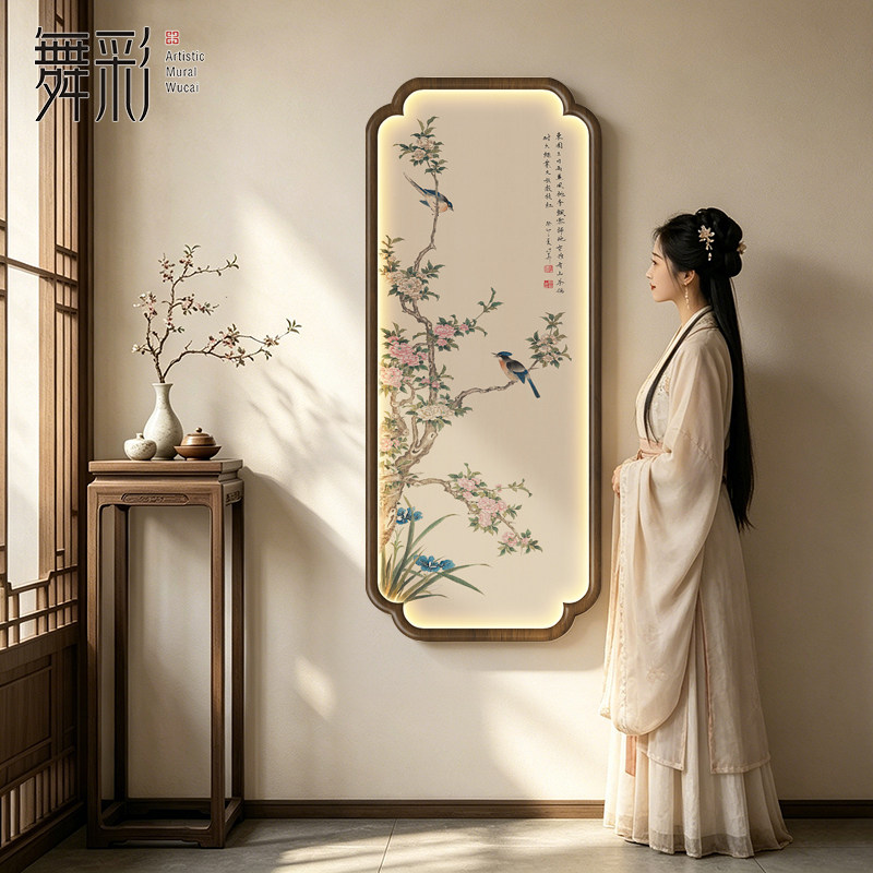 新中式花鸟挂画玄关小轩窗实木画图片