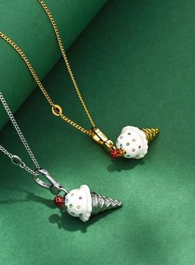 新童真甜美珐琅釉镶钻樱桃甜筒冰淇淋吊坠立体精致包挂钥匙扣项链