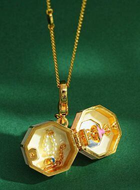 新款珐琅彩釉镶钻粉色八音盒吊坠项链精致可打开跳舞女孩音乐盒链