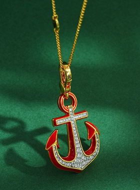 新款外贸跨境饰品珐琅釉红色满钻船锚吊坠个性男女百搭锁骨链项链