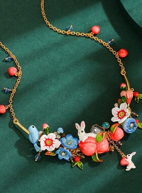 珐琅彩釉多色花朵水蜜桃项链立体动物小兔子锁骨链女原创外贸饰品