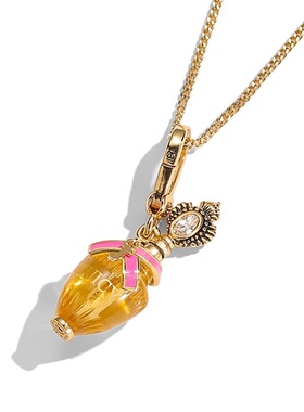 新款跨境外贸饰品粉色蝴蝶结镶钻字母印花立体香水瓶吊坠挂件项链