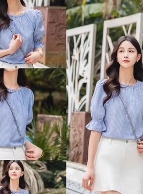哥家专柜同款2026春夏新蓝色条纹圆领泡泡袖短袖套头衬衫女130058