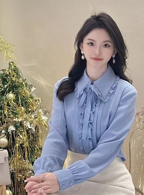 哥家商场同款2026年春秋季减龄娃娃领蓝色小众衬衣衬衫女1300973