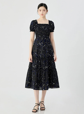 哥家专柜同款2026年春夏新立体纹理质感方领泡泡短袖连衣裙150014