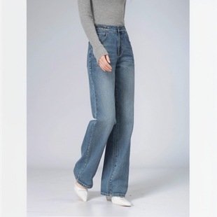 商场同款2025春秋新款高腰显瘦链条砂沙直筒微喇牛仔裤子女510011