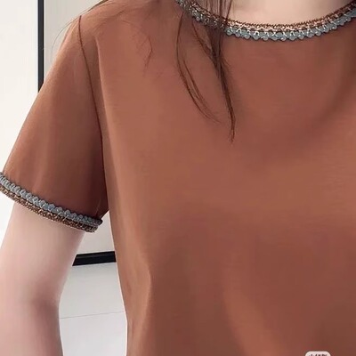 夏季纯棉修身花边圆领短袖女T恤