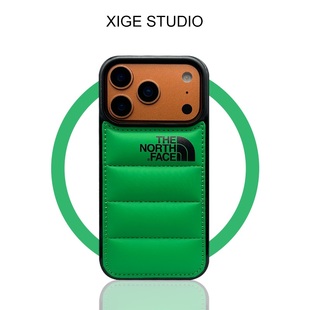 潮牌充棉羽绒服绿色适用苹果17promax手机壳新款iPhone16promax/15promax/14promax/13promax硅胶防摔保护套