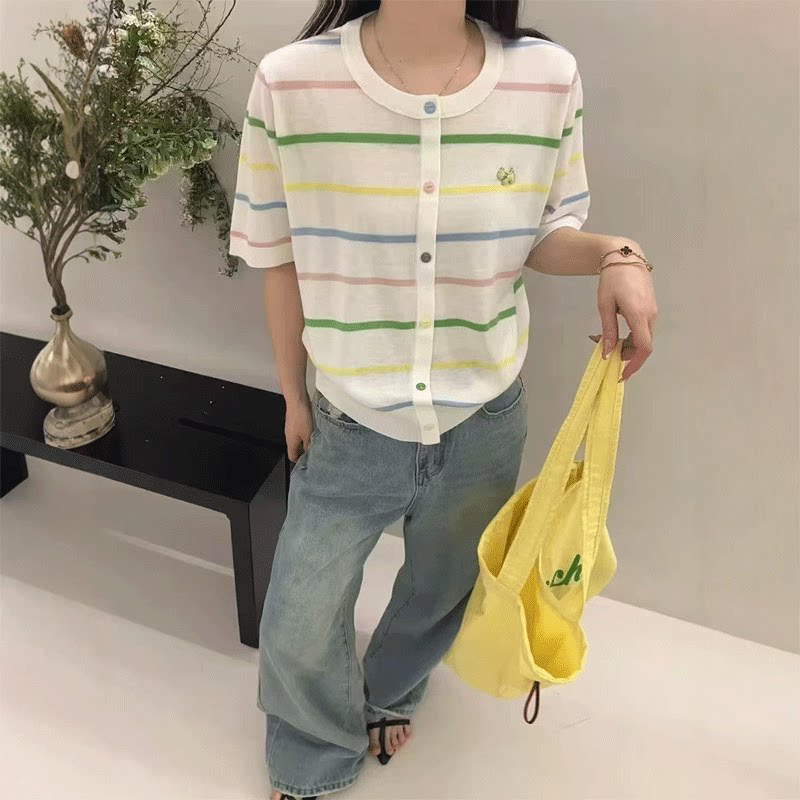夏季女士薄款条纹设计感开衫针织冰丝短袖t恤女2026新款上衣H2672