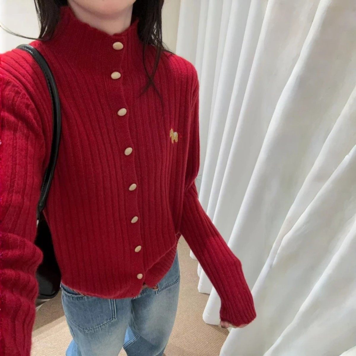 L899100%全羊毛刺绣款马到成功韩系安可拉红毛衣开衫小香风羊毛衫