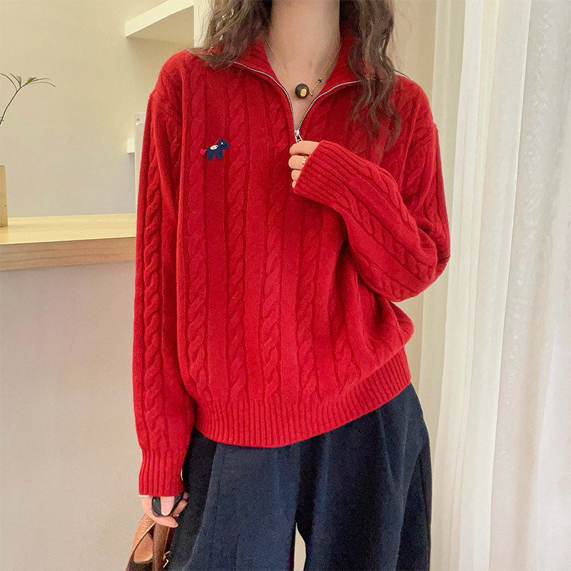 P888 半拉链毛衣女秋冬红色加厚针织衫外穿针织宽松网红百搭