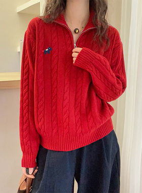 P888 半拉链毛衣女秋冬红色加厚针织衫外穿针织宽松网红百搭