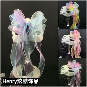 儿童平衡轮滑雪头盔成人摩托车电动头盔装饰品蝴蝶结飘带彩虹渐变