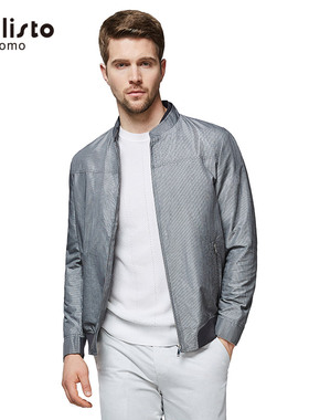 CALLISTO卡利斯特男双层领灰色细格纹短款休闲茄克外套SJFEJ016GY