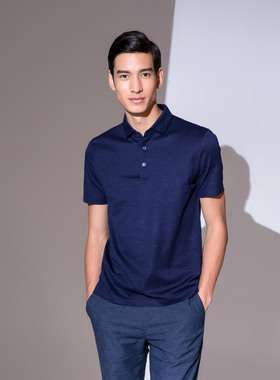callisto卡利斯特男夏lpolo时尚潮流丝棉透气深蓝翻领商务短袖t恤