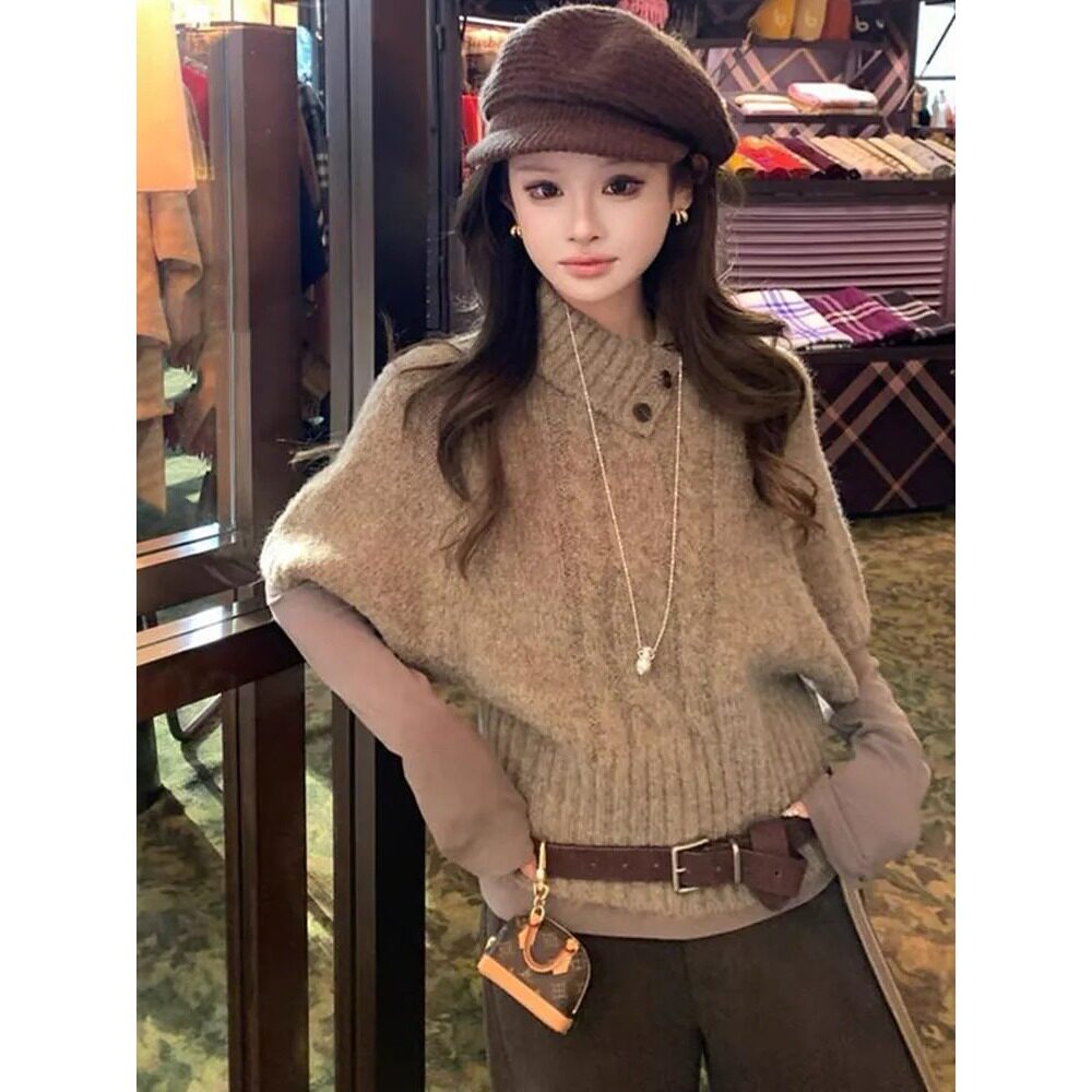棕色韩系翻领高领短袖针织毛衣女2026早秋内搭慵懒风中袖斗篷上衣图片
