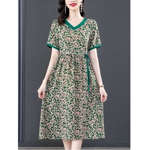 高档夏季连衣裙套头大码印花大摆裙显瘦气质妈妈装女士过膝中长裙