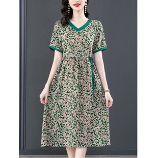高档夏季连衣裙套头大码印花大摆裙显瘦气质妈妈装女士过膝中长裙