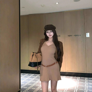【优质冰爽丝】韩系温柔风针织连衣裙女款秋季气质收腰短裙