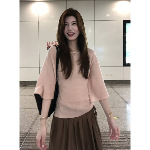 实价法式一字领喇叭袖针织衫上衣女秋季高腰显瘦半身裙套装