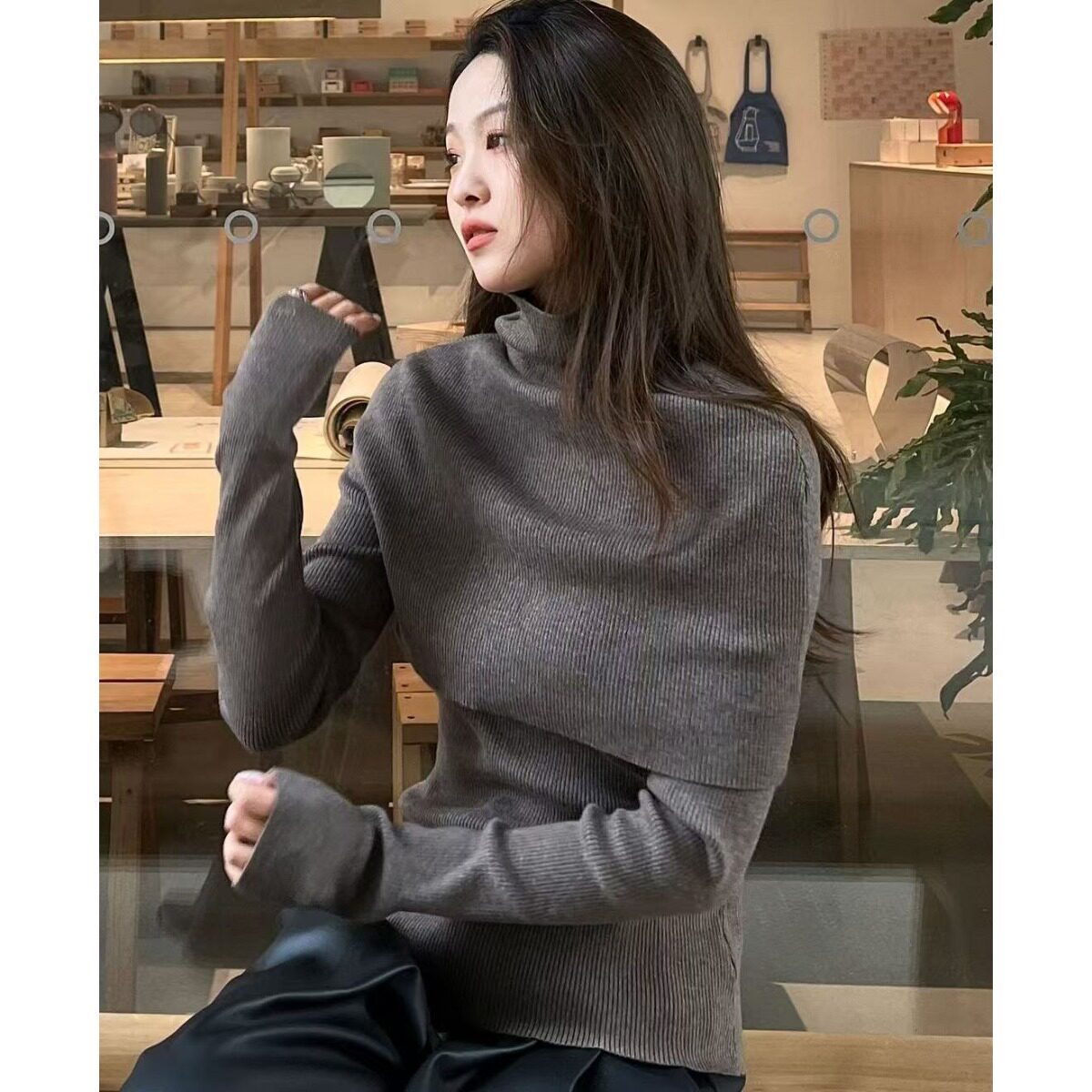 韩系披肩毛衣两件套女设计感气质简约高领叠穿斗篷打底衫套装潮