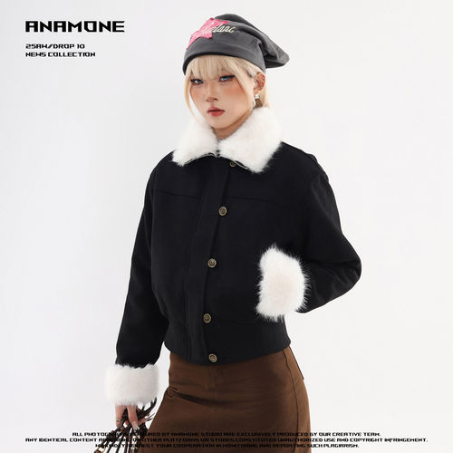 ANAMONE 美式复古毛领加绒外套女冬季设计感保暖小个子短款厚外套