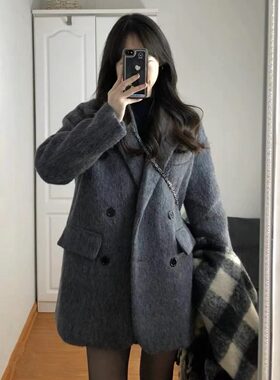 大衣女款2026新款呢子秋冬季小个子灰色加厚短款毛呢西装外套女潮