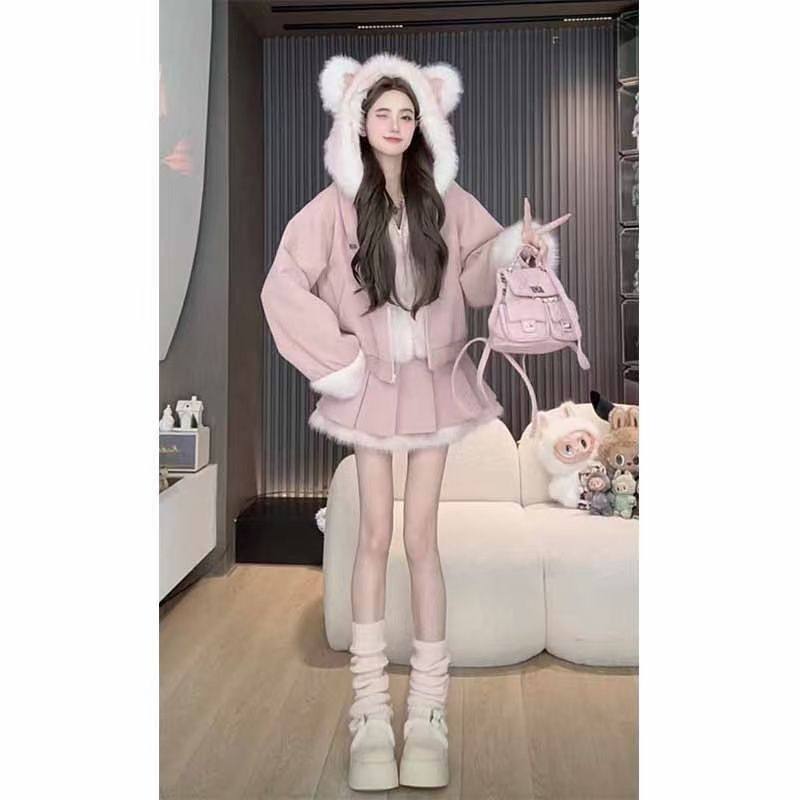 甜美少女风连帽毛领两件套女冬季粉色辣妹纯欲风套装减龄小套装,女装/女士精品,时尚套装,淘宝优惠券,粉丝福利购,淘宝优惠卷