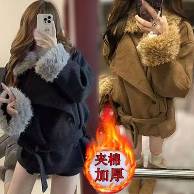 毛领加厚毛呢外套女夹棉显瘦冬季韩系小个子短款棕色保暖呢子大衣