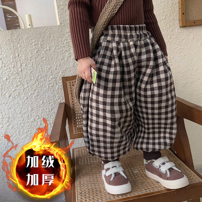 女童冬季格子裤儿童韩版洋气束脚哈伦裤男女宝宝宽松百搭休闲长裤