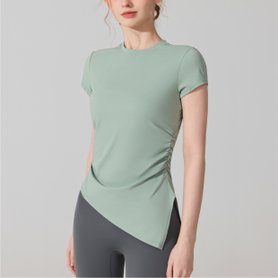 运动T恤女士短袖圆领瑜伽服透气开衩修身户外健身普拉提训练上衣