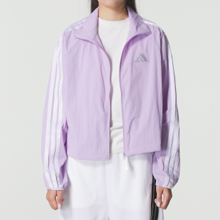 阿迪達(dá)斯外套女裝 健身運(yùn)動(dòng)服三條紋立領(lǐng)梭織夾克KC0182 新款 25秋季