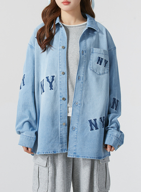 MLB牛仔长袖衬衫男女装2025冬季新款运动服宽松夹克外套3ADRG0351