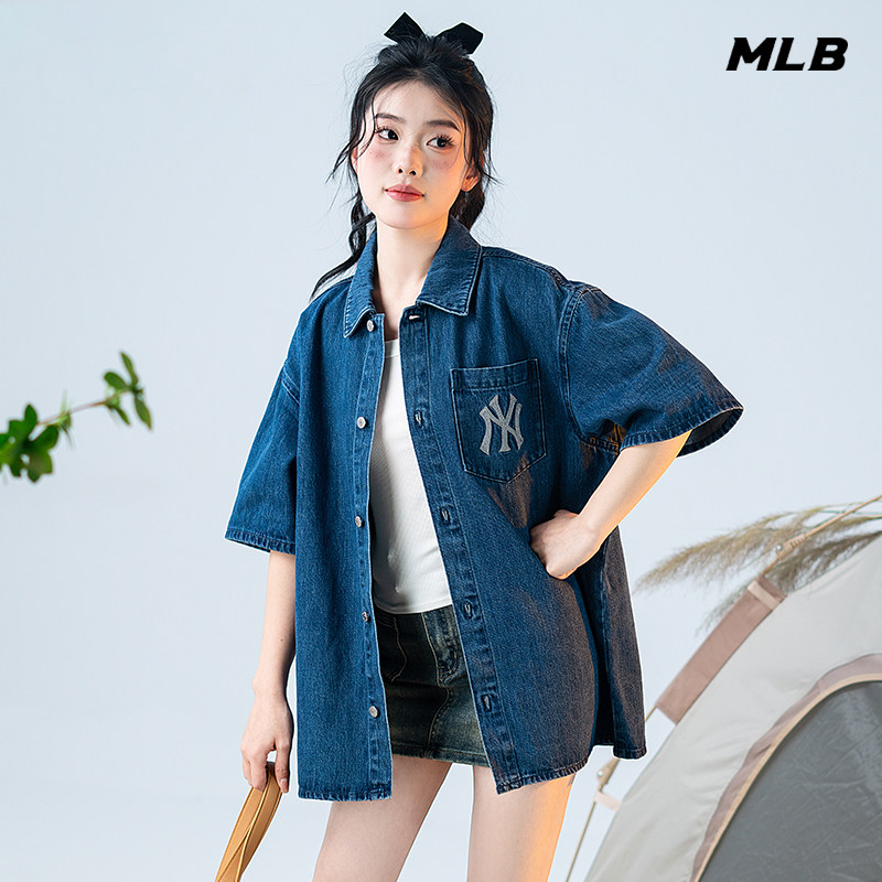 幸运叶子|MLB 短袖牛仔衬衫男女装夏季运动服休闲宽松夹克外套图片
