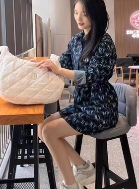 MLB官方连衣裙女士冬冬款翻领NY老花满标深蓝色牛仔长裙3FDDM0734