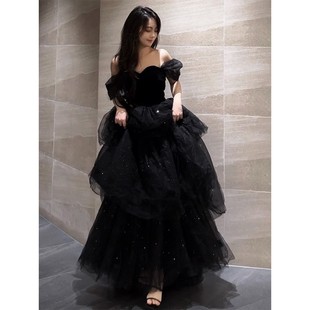 黑色晚禮服裙輕奢小眾法式 蓬蓬裙主持人女夏藝考畢業(yè)成人禮級感