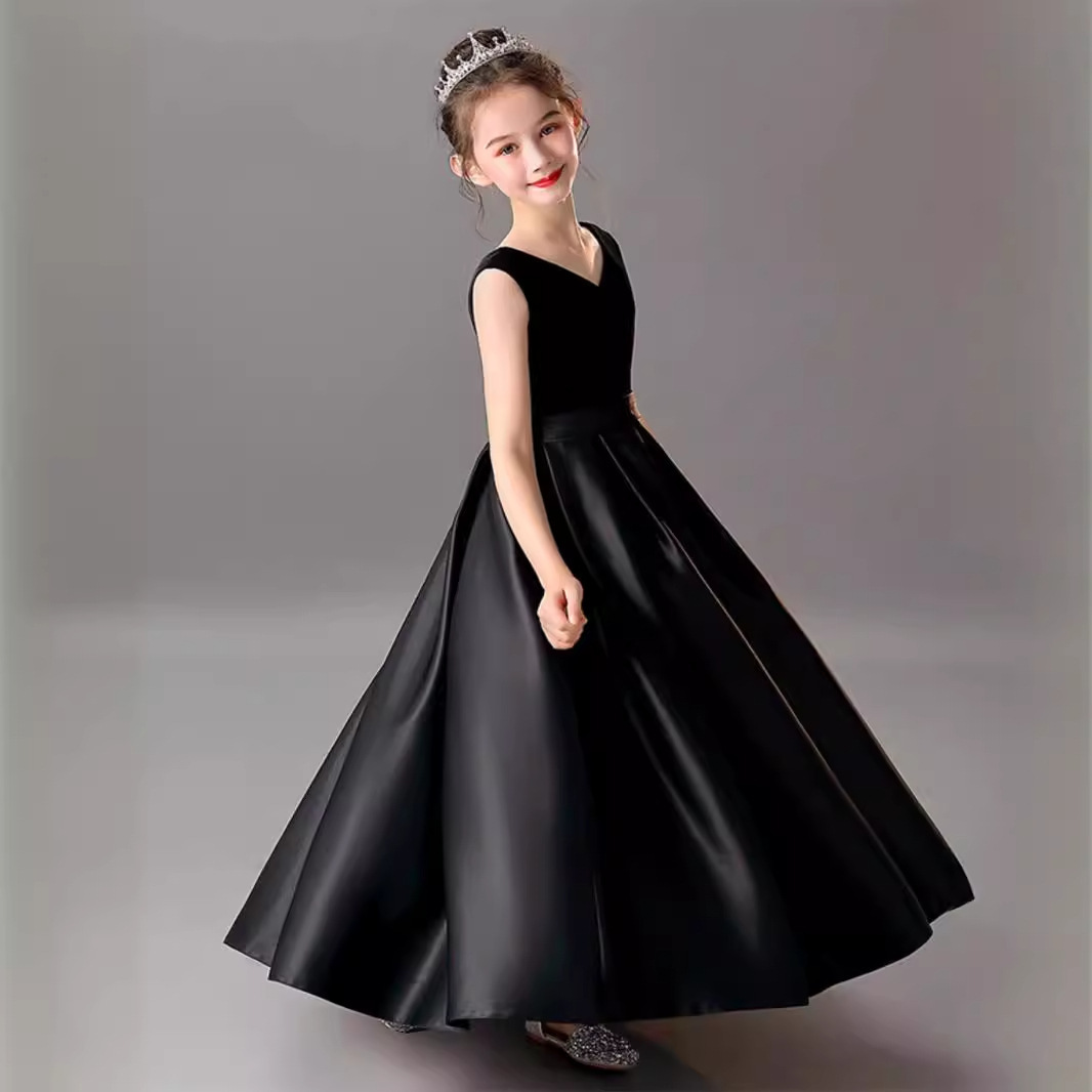 儿童管乐团音乐会礼服黑色女童礼服钢琴演出主持礼服大提琴演出服