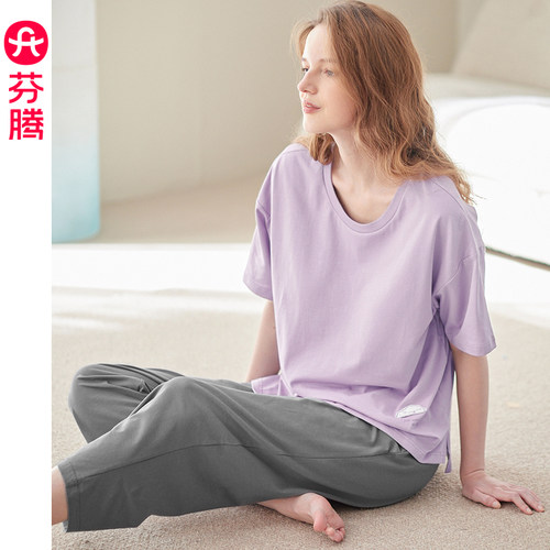 芬腾夏季薄款女士短袖带胸垫睡衣