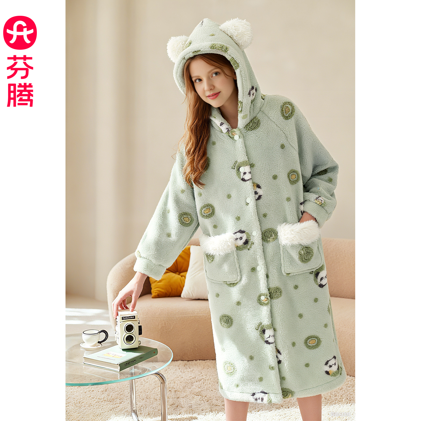 芬腾珊瑚绒睡袍女秋冬季连帽睡衣