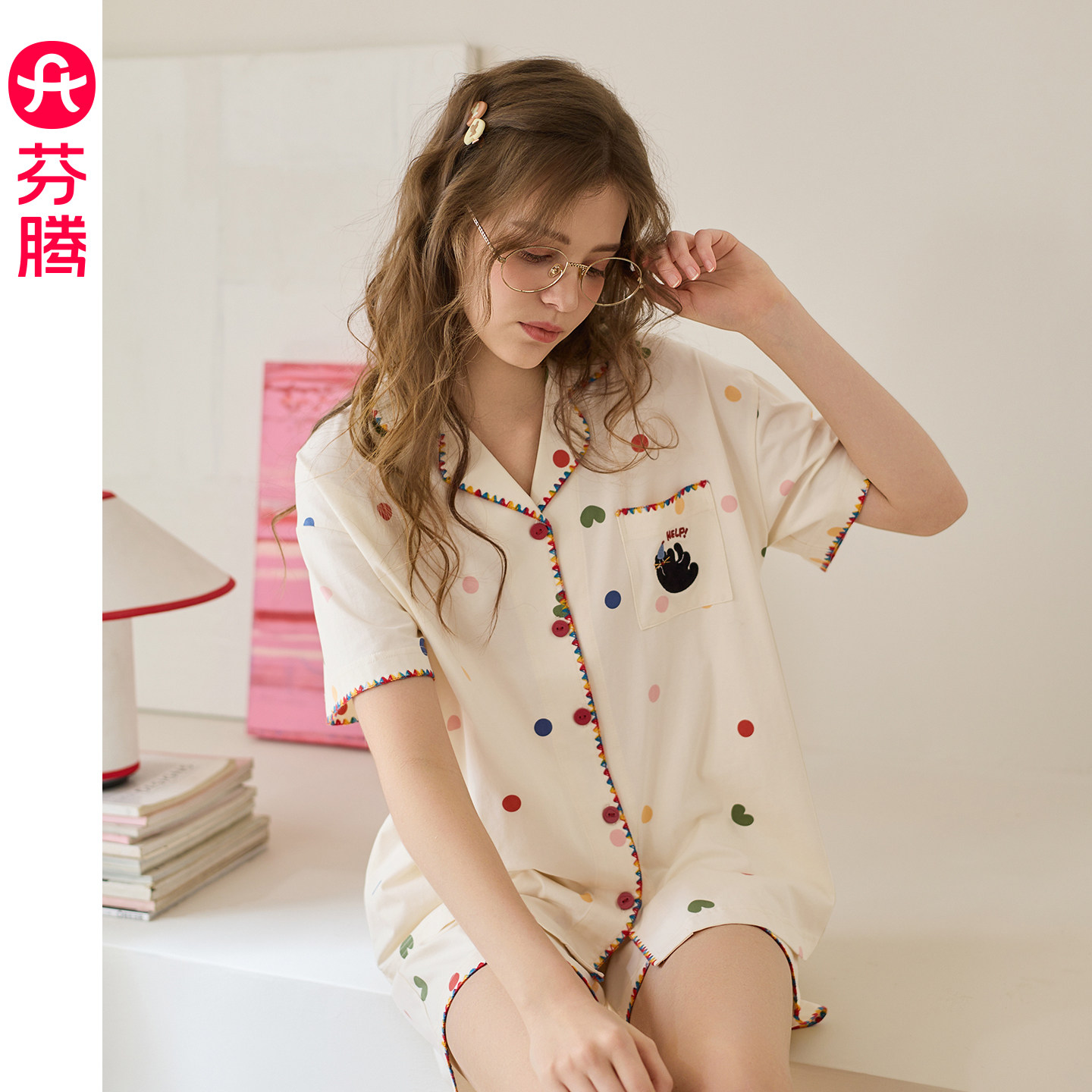 芬腾短袖短裤夏季纯棉开衫家居服图片