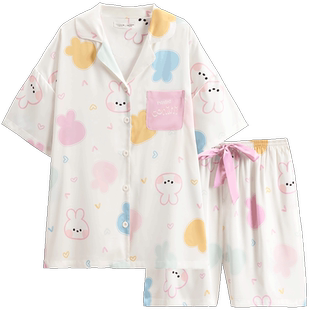 芬腾布朗熊女士睡衣夏季薄款冰丝短袖女款休闲可爱大码家居服套装