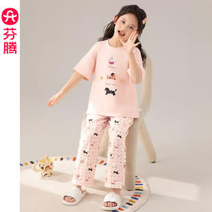 卡通可爱女孩中大童儿童家居服 莫代尔棉套装 芬腾女童睡衣短袖 夏季
